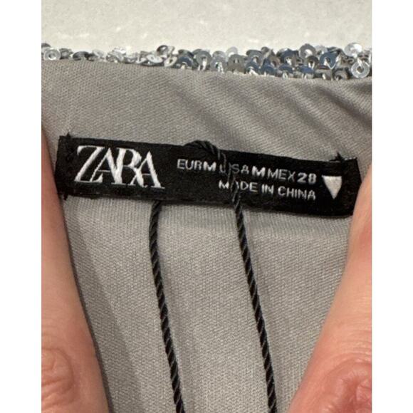 Zara Size Medium Silver Sequin Strapless Ruched Mini Dress Sparkle Ruffle Trim - Picture 4 of 8